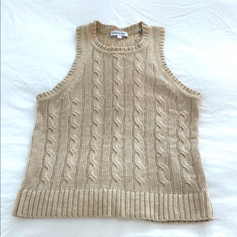 Veronica Beard Neutral Cable-Knit Sleeveless Sweater